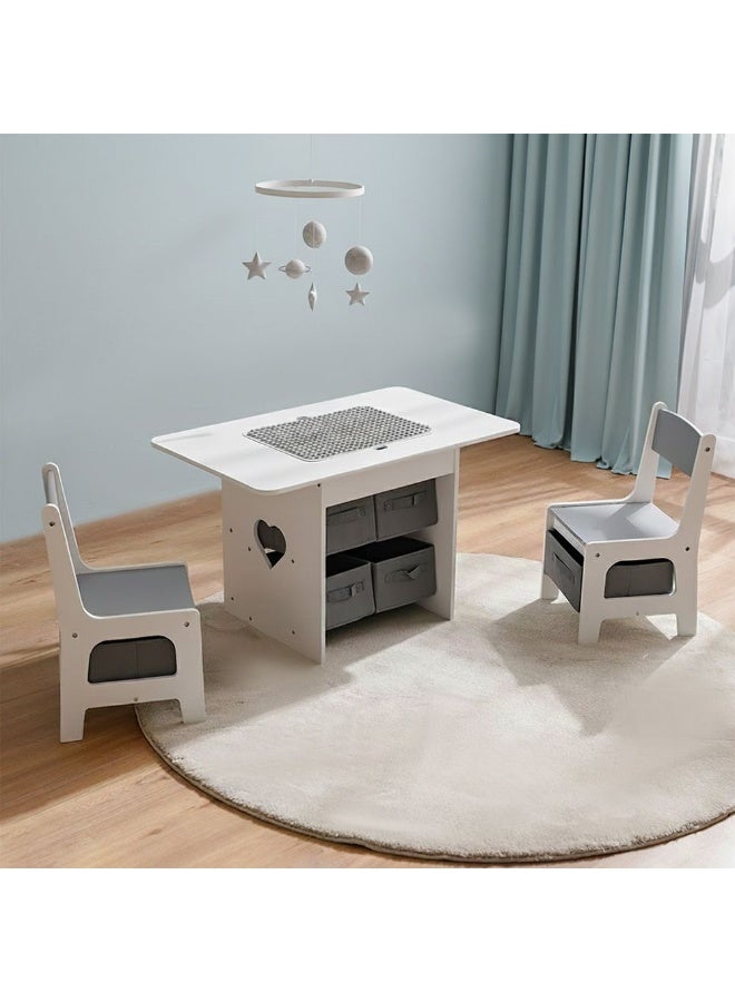 DANUBE HOME Little Learner's 1+2 Kids Table With Storage/Lego Top/ 6 Fabric Storage Organiser & Chair Set | Arts And Crafts Desk | Modern Wooden Kids Table Set L80xW48xH49.3cm - White & Grey - Image 1