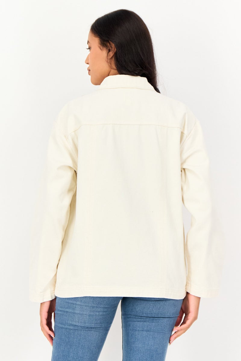 VANS جاكيت جينز نسائي بنمط زهور، كريمي - Image 4