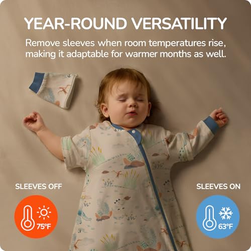 usbettas Baby Sleep Sack 6–12 Months, Cotton Sleep Sack with Detachable Long Sleeves, 1.0 TOG Wearable Blanket for Cooler Nights, 2-Way Zipper Toddler Sleeping Sack with Temperature Strip, Dinosaur - Image 3
