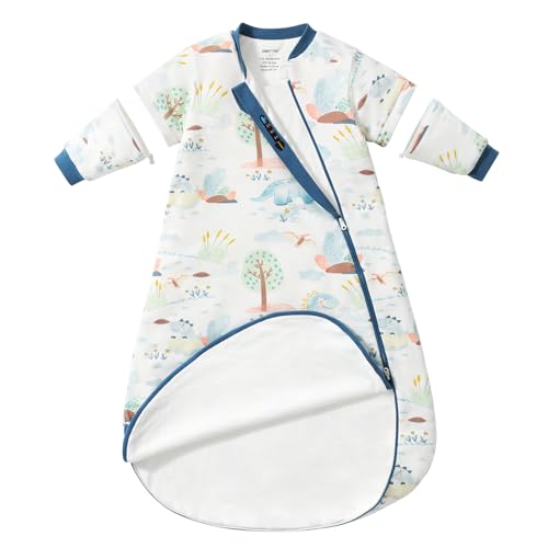 usbettas Baby Sleep Sack 6–12 Months, Cotton Sleep Sack with Detachable Long Sleeves, 1.0 TOG Wearable Blanket for Cooler Nights, 2-Way Zipper Toddler Sleeping Sack with Temperature Strip, Dinosaur - Image 1