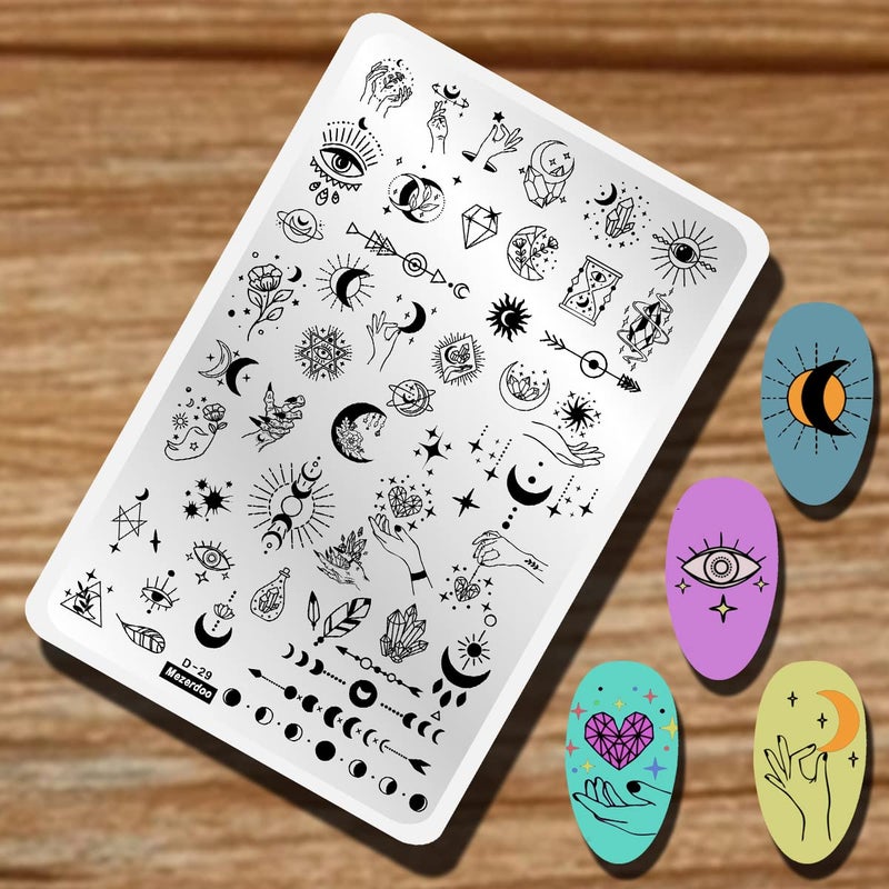 Mezerdoo Starry Star Moon Design Stamping Plates Nail Art Kit 2pcs Galaxy Night Sky Large Nail Stamp Plates Templates Space Planet Nail Stamper Plate Heart Sun Geometry Printing Stencils Reusable Tools - Image 2