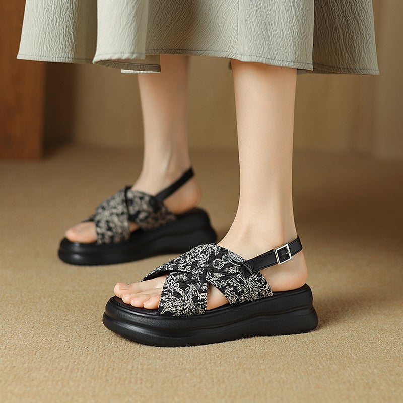 2024 Summer Mid-Heel Thick Bottom Round Head 33-43 Open Toe Breathable Cross Sandals Women - Image 2