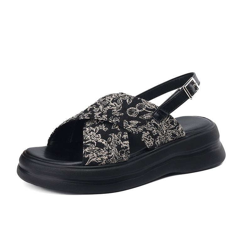 2024 Summer Mid-Heel Thick Bottom Round Head 33-43 Open Toe Breathable Cross Sandals Women - Image 1