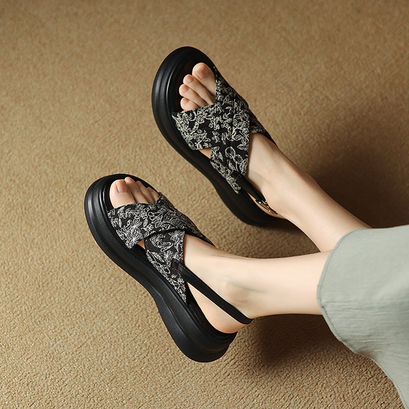 2024 Summer Mid-Heel Thick Bottom Round Head 33-43 Open Toe Breathable Cross Sandals Women - Image 3
