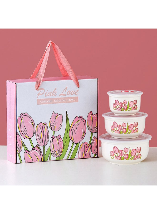 Ceramic Fresh-keeping Bowl Three-piece Set Business Annual Meeting Lottery Small Gift Instant Noodle Bowl With Lid Tulip Set Souvenir