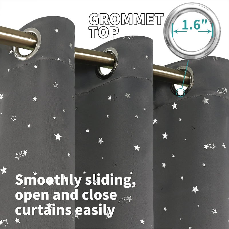 BGment الستائر Bragge Kids Blackout لغرفة النوم - Grommet حراري معزول الفضة النجمة طباعة غرفة الستائر غامق لمجموعة غرفة المعيشة من 2 لوحات (52 × 63 بوصة رمادية داكنة) - Image 4
