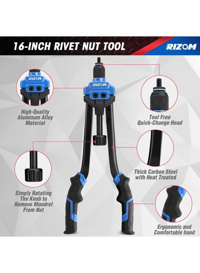 Rizom Rivet Nut Tool, 16” Rivnut Tool Kit with 13 Metric and SAE Mandrels, Threaded Nutsert Tool, 168PCS Rivet Nut Assortment Kit in Organized Carrying Case - Image 2