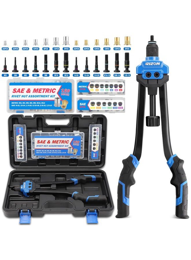 Rizom Rivet Nut Tool, 16” Rivnut Tool Kit with 13 Metric and SAE Mandrels, Threaded Nutsert Tool, 168PCS Rivet Nut Assortment Kit in Organized Carrying Case - Image 1