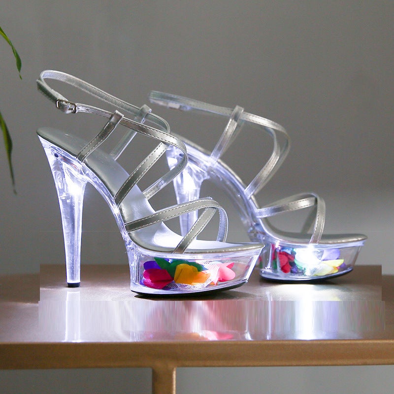 Super High Heel Stiletto Transparent Crystal Flower Waterproof Platform 13Cm15Cm Model Catwalk High Heels Sandals - Image 1