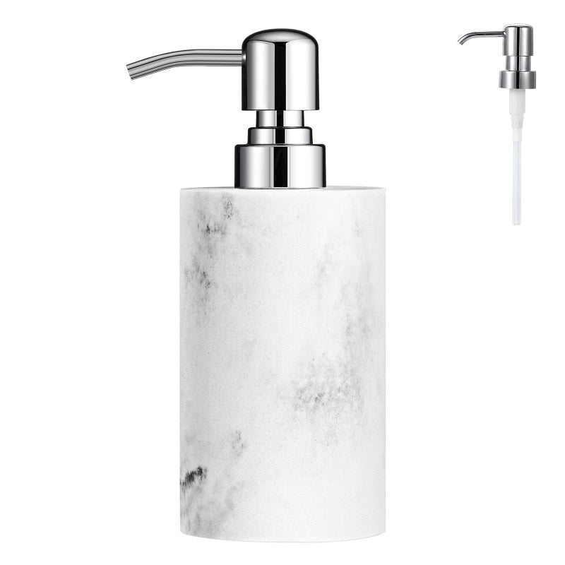 Luxspire Soap Dispenser, Cylinder-Shaped Marble Lotion Liquid Soap Pump Bottles, Refillable Shampoo Container, Decorative Hand Soap Resin Jar for Bathroom, Kitchen - White Marble - Image 1