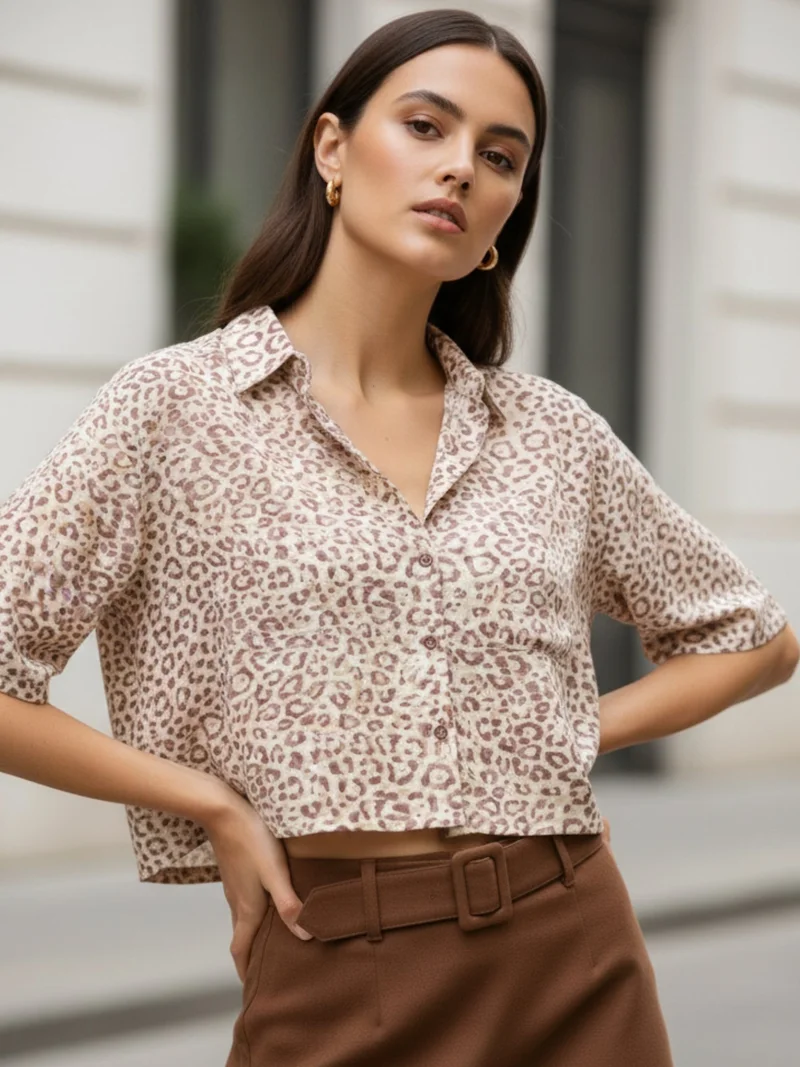 OUTZIDR Brown Printed Cropped Shirt