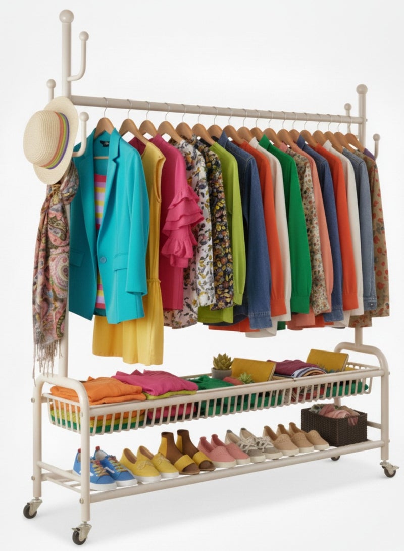 إيونتو رف ملابس مكون من طبقتين مع أرفف و4 عجلات، تصميم عصري عالي التحمل لغرفة النوم وغرفة المعيشة، مثالي لتعليق الملابس وتخزينها، مجفف داخلي، حامل تجفيف متين، سهل التجميع، 171 × 120 × 32 سم، أبيض - Image 1