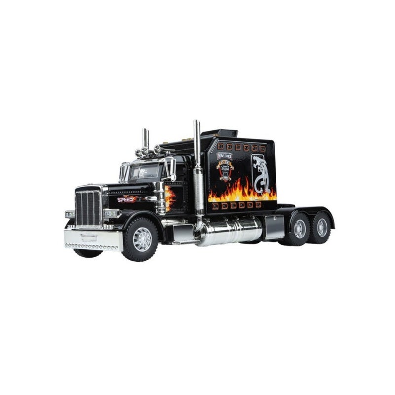 1:24 Peterbilt 389 نموذج سبيكة نصف شاحنة أمريكية، نموذج سيارة مقلد من سبيكة مقطورة مع صوت وضوء، لعبة نموذج سيارة من سبيكة السحب للخلف، أبواب قابلة للفتح، زينة مجموعة المركبات، هدية مثالية للأولاد والبنات، مستلزمات الحفلات لعرض التذكارات، أسود، 24*6.5*9.5 سم - Image 1