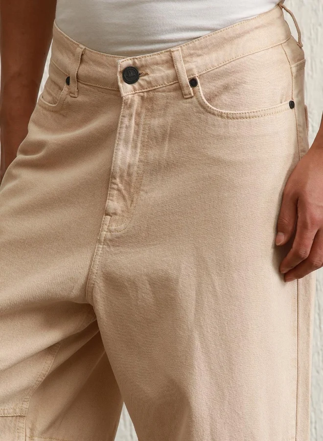Hubberholme Men's Beige 100% Cotton Bleached Full Length Baggy Jeans