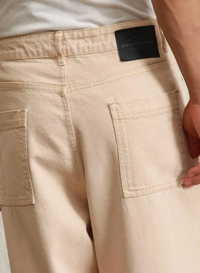 Hubberholme Men's Beige 100% Cotton Bleached Full Length Baggy Jeans
