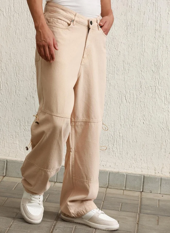 Hubberholme Men's Beige 100% Cotton Bleached Full Length Baggy Jeans