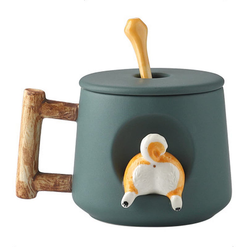 Scizorito Scizorito Cute Dog Couple Cup Ceramic Coffee Mug with a Lid Cute Paws on the Top of the Spoon Cute Shiba Lnu Threedimensional Design with Matte Texture420ML Green Tail