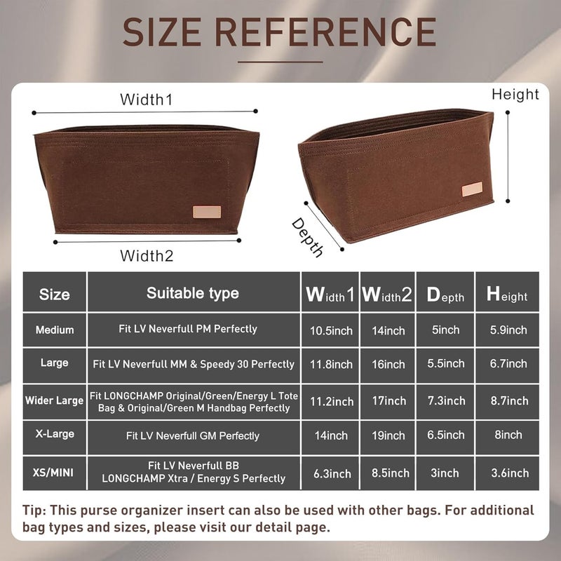 Doxo Purse Organizer Insert for Handbags & Base Shaper 2pc Set for Tote with 3 Sizes Compatible with Neverful Speedy and More (PM-Brown-Medium) - Image 2