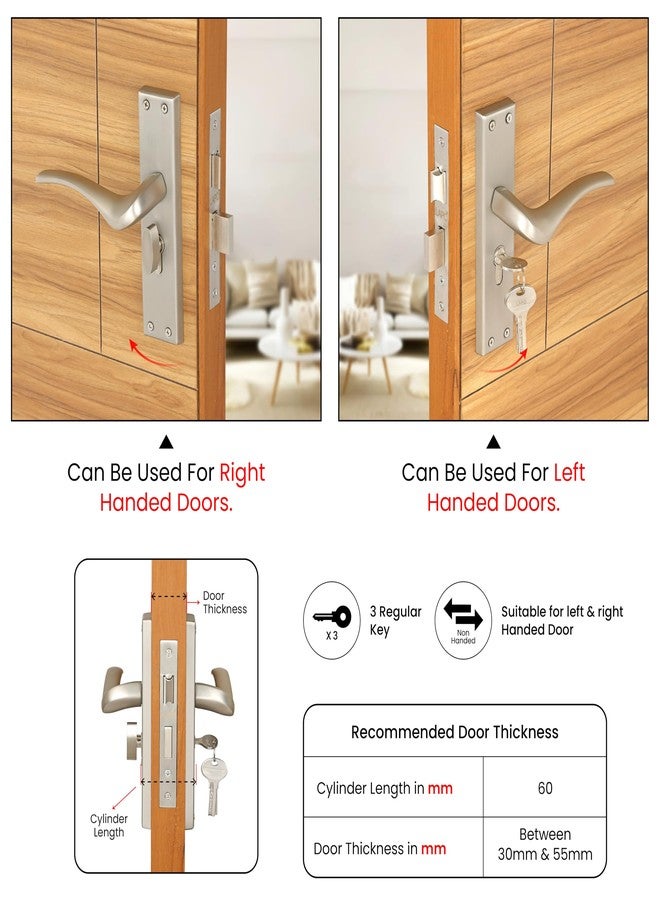 LAPO Mortise Door Lock Handle Set | 45x45mm Lock Body | 60mm Cylinder | Used for Reversible Doors | Compatible with 30-50mm Thickness | 3 Brass Keys | Satin Matt Finish | 3 Years Warranty | CY-101 - Image 4