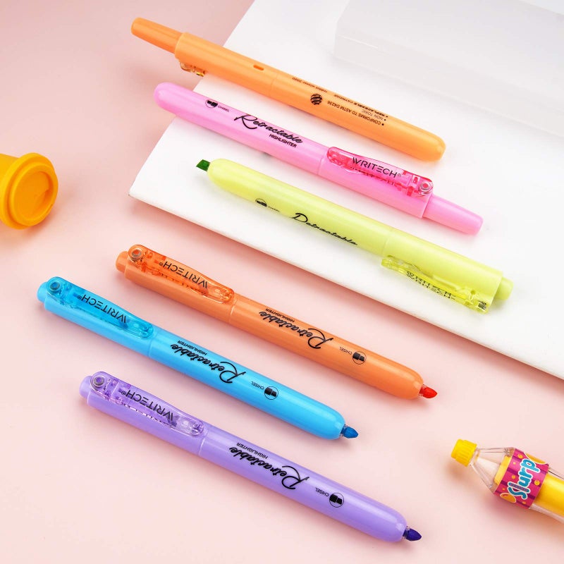 WRITECH Retractable Highlighters Assorted Colors: Chisel Tip Click Aesthetic Highlighter Marker Pens Pack Multi Colored Ink No Bleed Smear for Highlighting Journaling (6ct Pastel) - Image 4