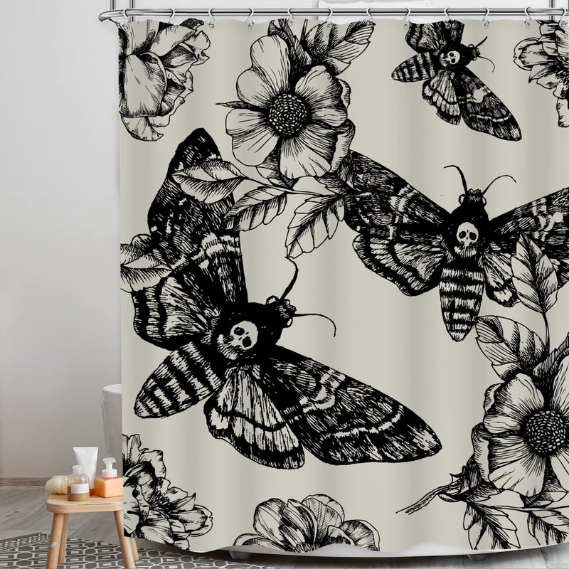 LGhtyro Gothic Skull Shower Curtain Bathroom Set 60Wx71H Inches Death Head Moth Scary Black Flower Botany Leaves Mysterious Butterfly Bath Accessories Retro Art Home Decor Fabric 12 Pack Hooks - Image 1