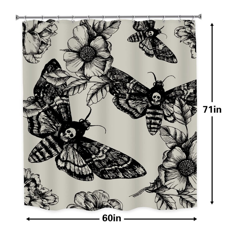 LGhtyro Gothic Skull Shower Curtain Bathroom Set 60Wx71H Inches Death Head Moth Scary Black Flower Botany Leaves Mysterious Butterfly Bath Accessories Retro Art Home Decor Fabric 12 Pack Hooks - Image 4