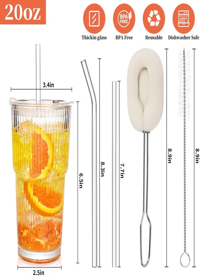 Amyoole 20 oz Tumblers with Lids and Straws, Ribbed Glass Set of 4-Clear Ice Coffee Cups Ideal for Smoothies, Juice, Boba & Cold Beverages, Durable reusable Glassware，Drinking Glasses with 1 Brush - Image 2
