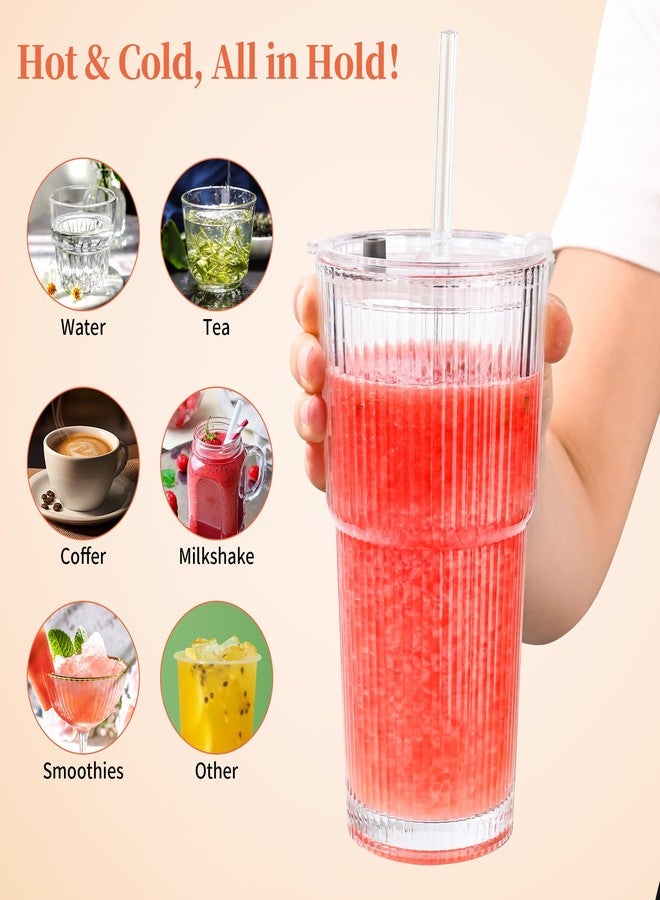 Amyoole 20 oz Tumblers with Lids and Straws, Ribbed Glass Set of 4-Clear Ice Coffee Cups Ideal for Smoothies, Juice, Boba & Cold Beverages, Durable reusable Glassware，Drinking Glasses with 1 Brush - Image 5