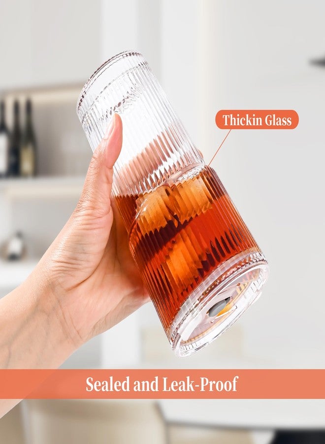 Amyoole 20 oz Tumblers with Lids and Straws, Ribbed Glass Set of 4-Clear Ice Coffee Cups Ideal for Smoothies, Juice, Boba & Cold Beverages, Durable reusable Glassware，Drinking Glasses with 1 Brush - Image 3