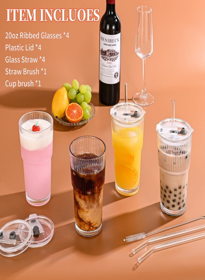 Amyoole 20 oz Tumblers with Lids and Straws, Ribbed Glass Set of 4-Clear Ice Coffee Cups Ideal for Smoothies, Juice, Boba & Cold Beverages, Durable reusable Glassware，Drinking Glasses with 1 Brush - Image 4