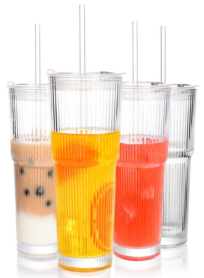 Amyoole 20 oz Tumblers with Lids and Straws, Ribbed Glass Set of 4-Clear Ice Coffee Cups Ideal for Smoothies, Juice, Boba & Cold Beverages, Durable reusable Glassware，Drinking Glasses with 1 Brush - Image 1