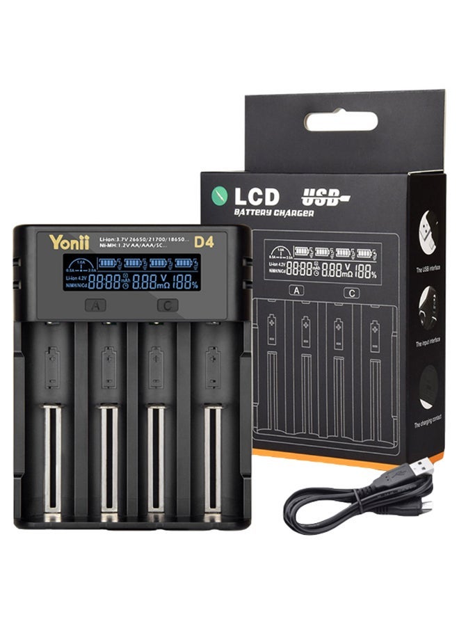 NIBEMINENT 4-Slot D4 LCD Battery Charger With USB Cable Black/Silver  - Image 1