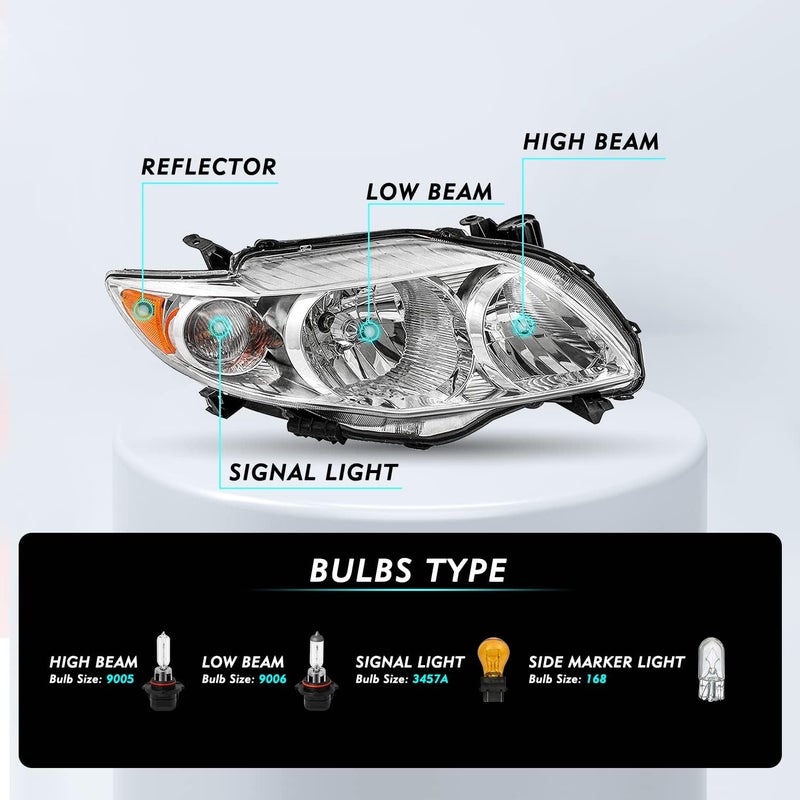 TUSDAR Driver and Passenger Headlight Assembly for 2009/2010 Toyota Corolla 4-Door Sedan - Chrome Headlamp with Amber Reflector - Image 2