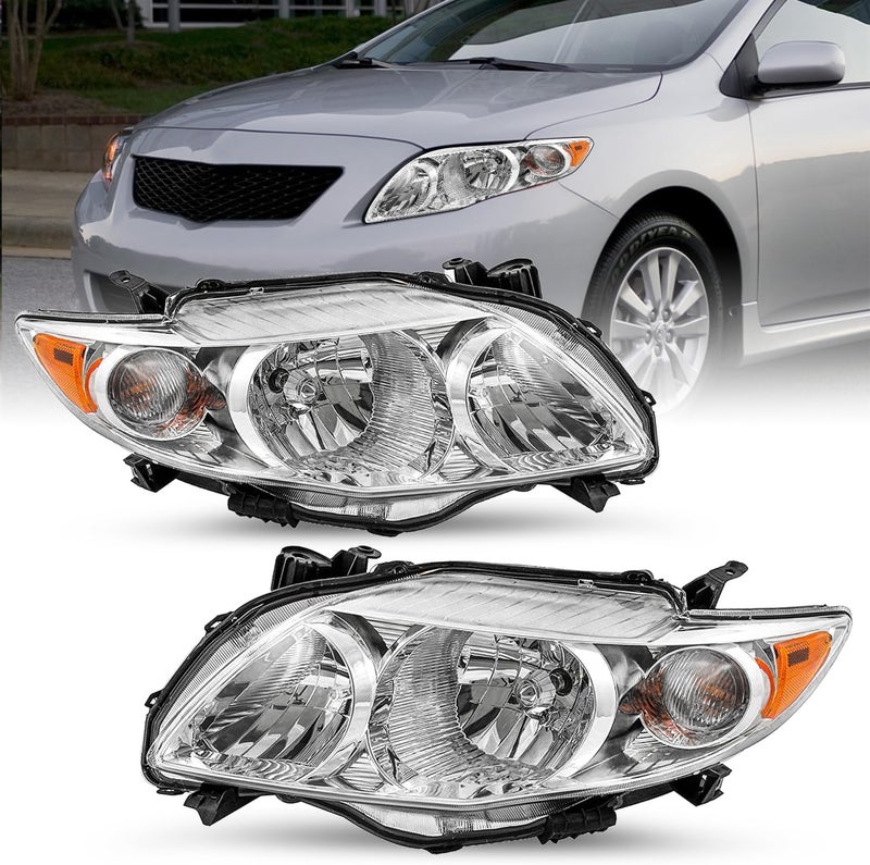 TUSDAR Driver and Passenger Headlight Assembly for 2009/2010 Toyota Corolla 4-Door Sedan - Chrome Headlamp with Amber Reflector - Image 1