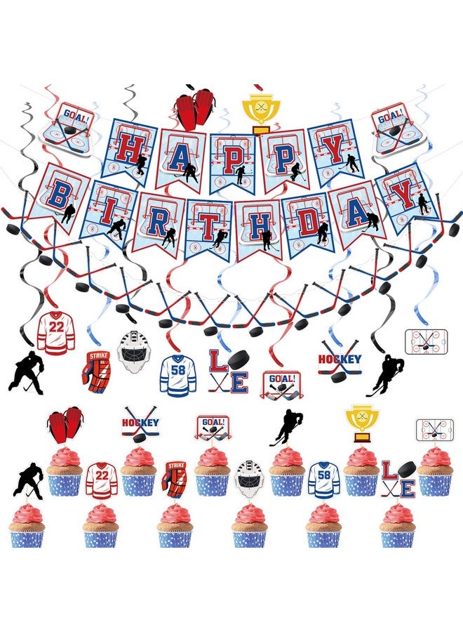 Hungdao 27 Pcs Hockey Birthday Party Supplies Ice Hockey Party Favors Hockey Banner Cupcake Toppers Hanging Swirls Hockey Party Decorations For Hockey Fans Birthday Party Decorations - Image 2