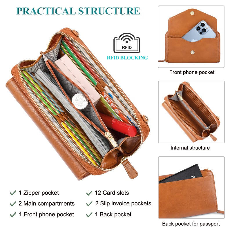 PEACOCKTION Peacocktion Women Wallet Purse Credit Card Holder with RFID, Large Capacity Crossbody Wristlet Clutch 2 Straps, Brown 03  - Image 3