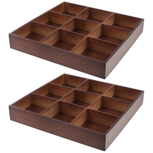 FUNSUEI 2 PCS Multi Compartment Wooden Tray, Divided Wooden Tray, Bamboo Serving Tray with 9 Sections, Wood Divided Snack Tray Storage Box for Appetizers, Jewelry, 12 x 12 x 1.85 Inch - Image 1