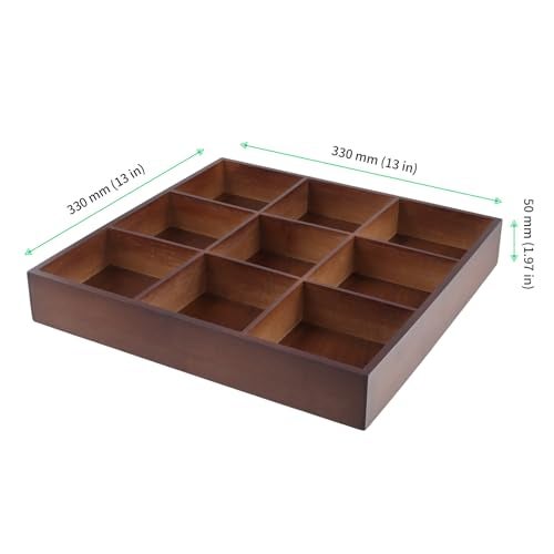 FUNSUEI 2 PCS Multi Compartment Wooden Tray, Divided Wooden Tray, Bamboo Serving Tray with 9 Sections, Wood Divided Snack Tray Storage Box for Appetizers, Jewelry, 12 x 12 x 1.85 Inch - Image 2