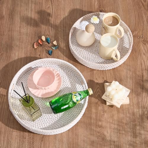 Kmelep Round Rattan Serving Tray,Hand-Woven Tray with Handles, Ottoman Decorative Coffee Table Tray,Wicker Storage Basket for Tea,Fruit,Bread (Whitewash, 11.8") - Image 3