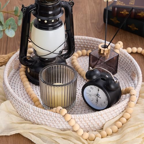Kmelep Round Rattan Serving Tray,Hand-Woven Tray with Handles, Ottoman Decorative Coffee Table Tray,Wicker Storage Basket for Tea,Fruit,Bread (Whitewash, 11.8") - Image 4