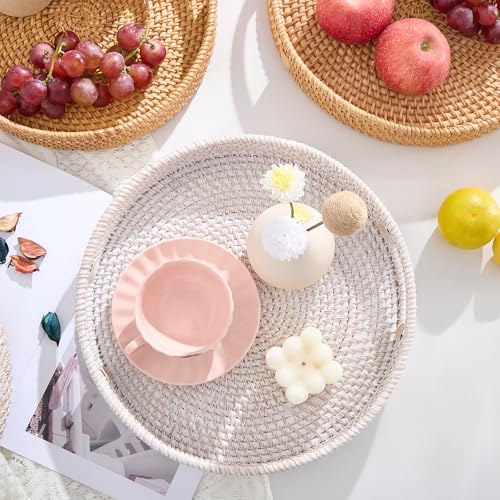 Kmelep Round Rattan Serving Tray,Hand-Woven Tray with Handles, Ottoman Decorative Coffee Table Tray,Wicker Storage Basket for Tea,Fruit,Bread (Whitewash, 11.8") - Image 2