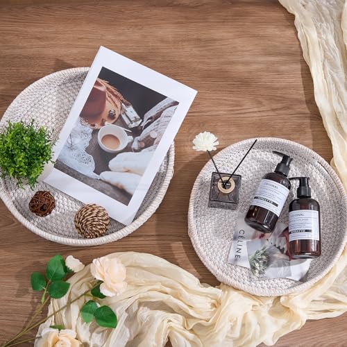 Kmelep Round Rattan Serving Tray,Hand-Woven Tray with Handles, Ottoman Decorative Coffee Table Tray,Wicker Storage Basket for Tea,Fruit,Bread (Whitewash, 11.8") - Image 5