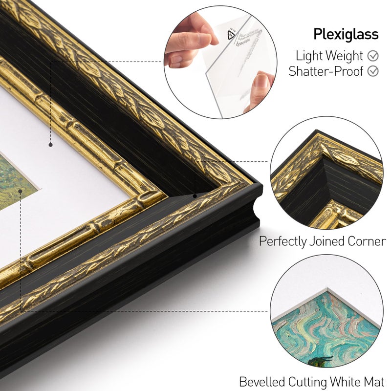 Yaetm 16x20 Vintage Picture Frame, Ornate Antique Gold 16x20 Frame for Wall, White Mat for 11x14 Photos, 1.4-inch Wide Molding - Portrait or Landscape - Wall Mount for Home (Black/Gold, 2 Pack) - Image 3