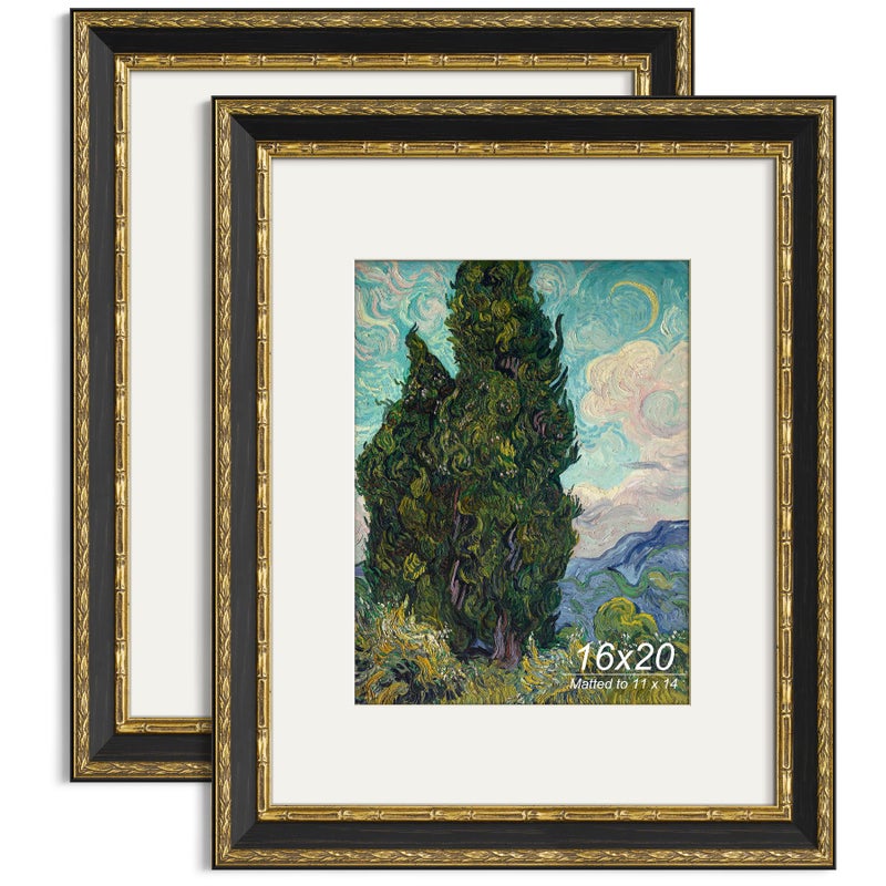 Yaetm 16x20 Vintage Picture Frame, Ornate Antique Gold 16x20 Frame for Wall, White Mat for 11x14 Photos, 1.4-inch Wide Molding - Portrait or Landscape - Wall Mount for Home (Black/Gold, 2 Pack) - Image 1
