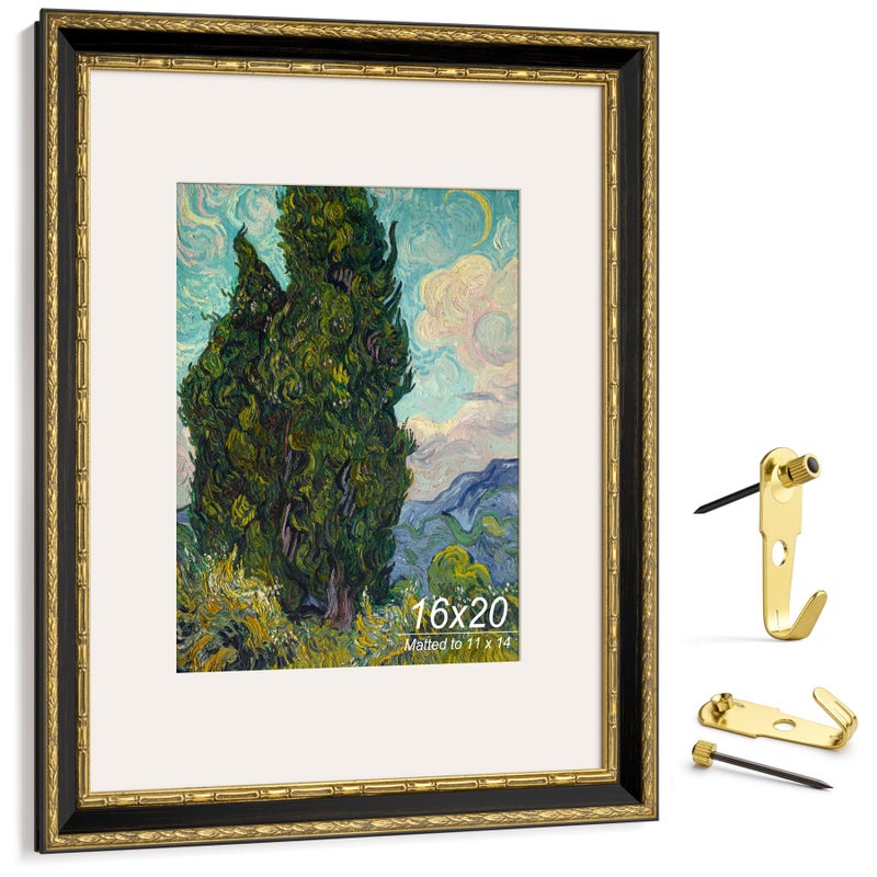 Yaetm 16x20 Vintage Picture Frame, Ornate Antique Gold 16x20 Frame for Wall, White Mat for 11x14 Photos, 1.4-inch Wide Molding - Portrait or Landscape - Wall Mount for Home (Black/Gold, 2 Pack) - Image 2
