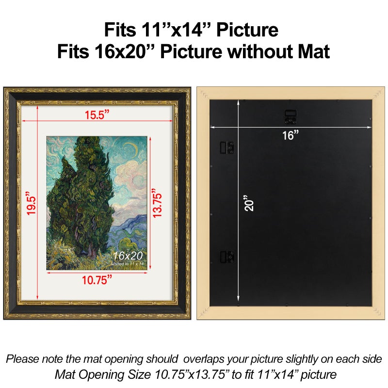Yaetm 16x20 Vintage Picture Frame, Ornate Antique Gold 16x20 Frame for Wall, White Mat for 11x14 Photos, 1.4-inch Wide Molding - Portrait or Landscape - Wall Mount for Home (Black/Gold, 2 Pack) - Image 5