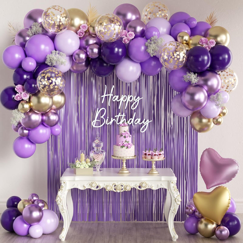MEBAY 157Pcs Purple and Gold Balloons Garland Arch Kit with Fringe Curtain for Girl Princess Woman Birthday Bridal Baby Shower Engagement Wedding Party Decorations - Image 3