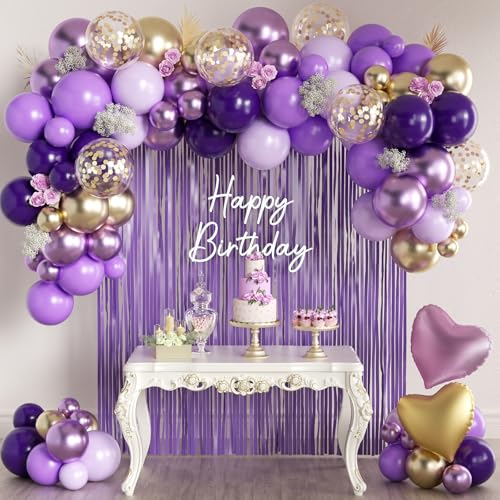 MEBAY 157Pcs Purple and Gold Balloons Garland Arch Kit with Fringe Curtain for Girl Princess Woman Birthday Bridal Baby Shower Engagement Wedding Party Decorations - Image 1