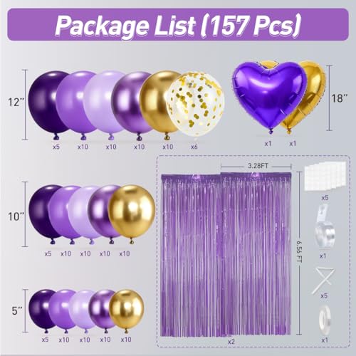 MEBAY 157Pcs Purple and Gold Balloons Garland Arch Kit with Fringe Curtain for Girl Princess Woman Birthday Bridal Baby Shower Engagement Wedding Party Decorations - Image 5
