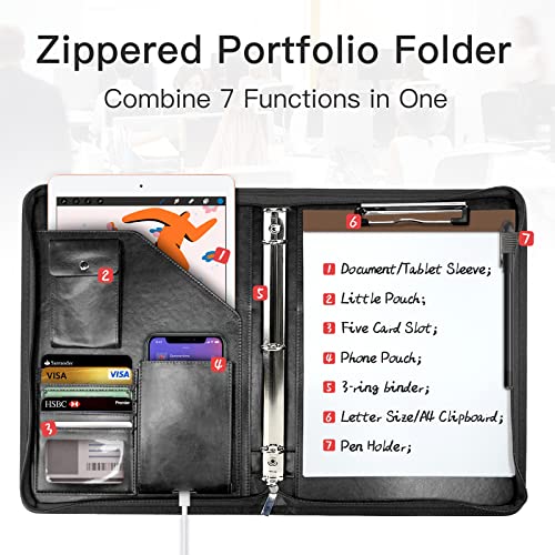WRIYES Zippered Portfolio Organizer, WRIYES Leather Padfolio with 3 Ring Binder, Professional Business Binder, Organizer for IPad/Document, Phone & Business Cards, Office Gifts for Men or Women (Black) - Image 2